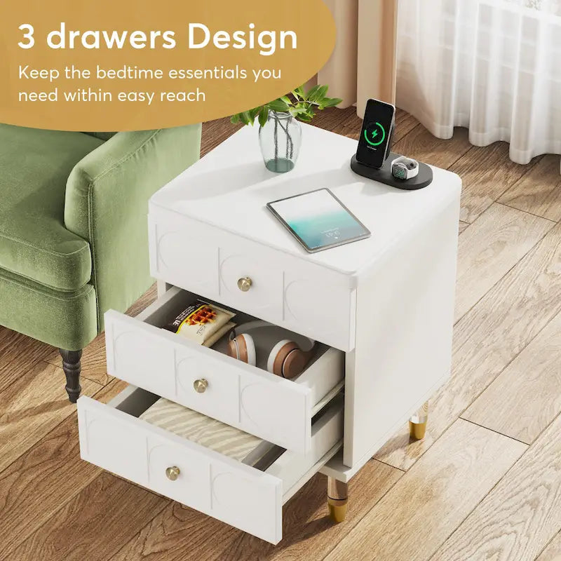 White Gold Nightstand Bedside Table with 3 Drawers