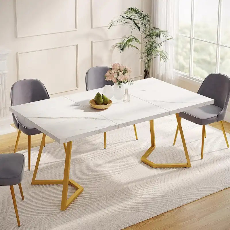 Modern Dining Table, White Faux Marble Small Kitchen Table for Family