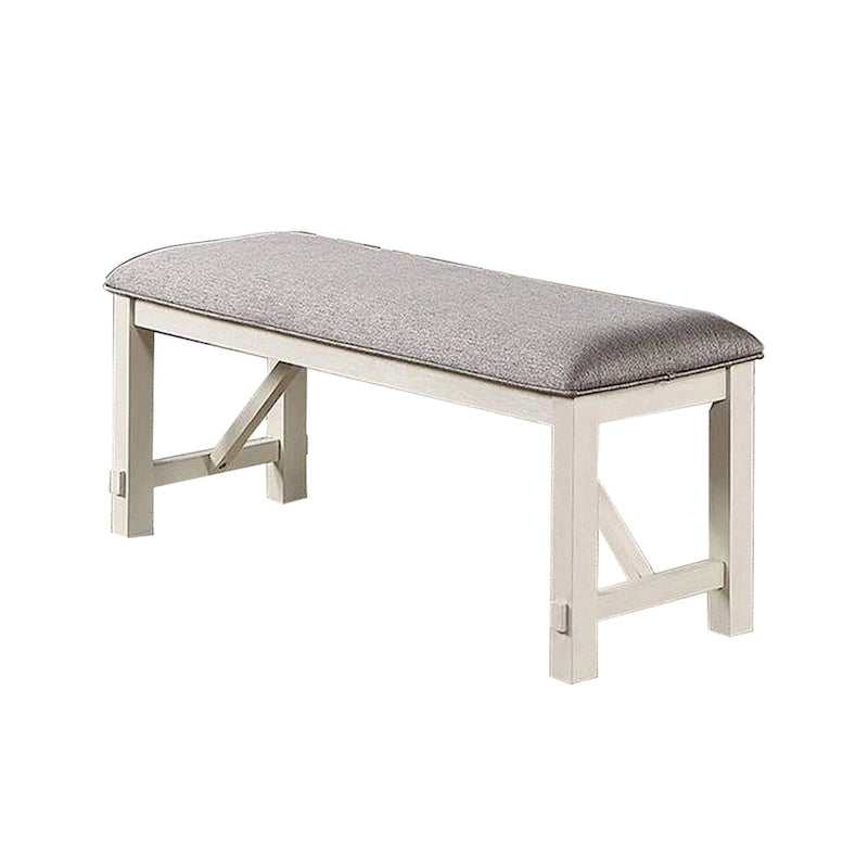 Lexi 50 Inch Dining Bench, Fabric Padded Seat, Rubberwood, Gray and White