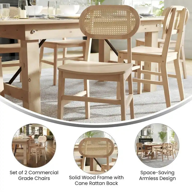 Woven Back Wood Framed Cane Rattan Chairs with Wood Seats - 2 Pack
