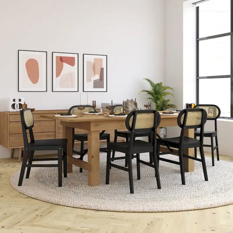 Woven Back Wood Framed Cane Rattan Chairs with Wood Seats - 2 Pack