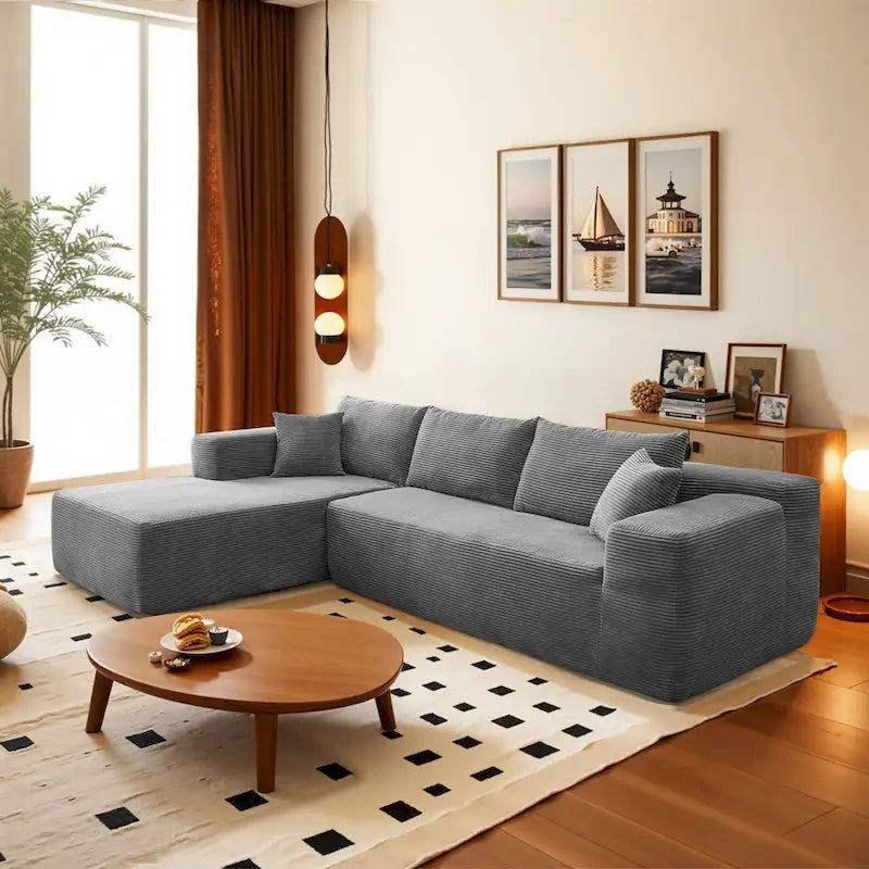 HOOOWOOO Modern L-Shaped Sectional Sofa Corduroy Upholstery Couch with Pillows