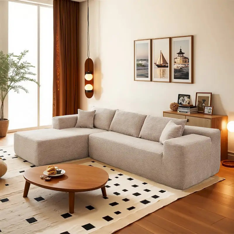 HOOOWOOO Modern L-Shaped Sectional Sofa Corduroy Upholstery Couch with Pillows