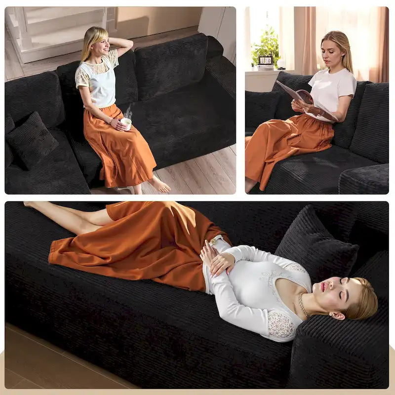 HOOOWOOO Modern L-Shaped Sectional Sofa Corduroy Upholstery Couch with Pillows