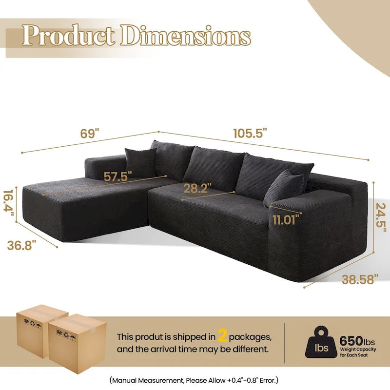 HOOOWOOO Modern L-Shaped Sectional Sofa Corduroy Upholstery Couch with Pillows
