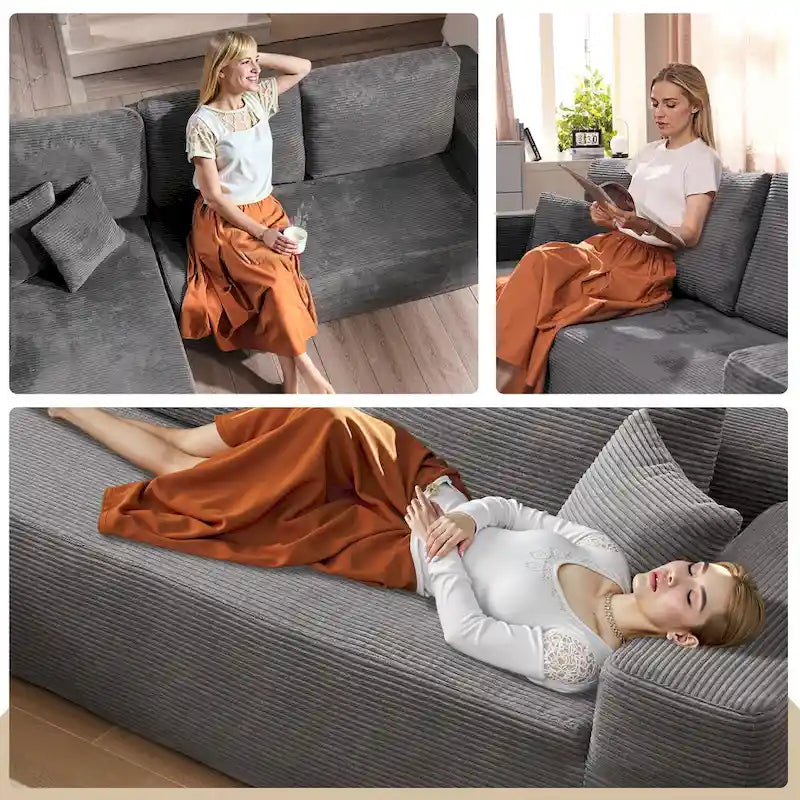 HOOOWOOO Modern L-Shaped Sectional Sofa Corduroy Upholstery Couch with Pillows