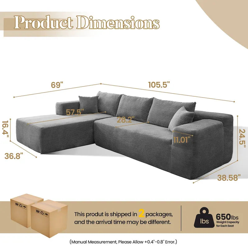 HOOOWOOO Modern L-Shaped Sectional Sofa Corduroy Upholstery Couch with Pillows