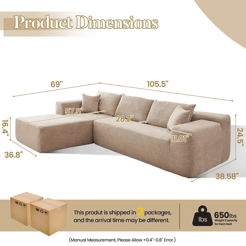 HOOOWOOO Modern L-Shaped Sectional Sofa Corduroy Upholstery Couch with Pillows