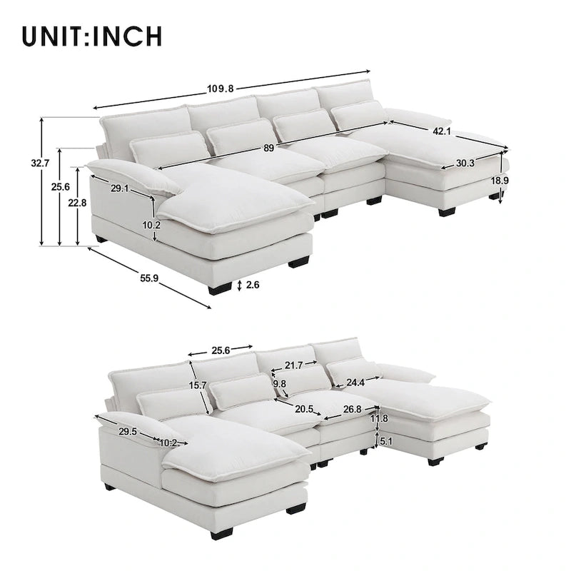 [VIDEO fornito][Novità]109.8*55.9 Divano sezionale moderno a U con cuscini lombari, divano imbottito simmetrico a 6 posti