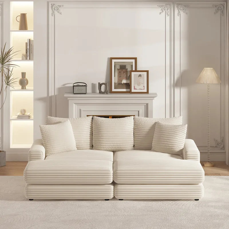 Divano a 3 posti in velluto a coste da 86,6 pollici con 3 cuscini per lo schienale, 2 cuscini decorativi e due pouf, comodo divano con seduta profonda per soggiorno
