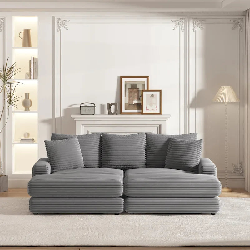 Divano a 3 posti in velluto a coste da 86,6 pollici con 3 cuscini per lo schienale, 2 cuscini decorativi e due pouf, comodo divano con seduta profonda per soggiorno