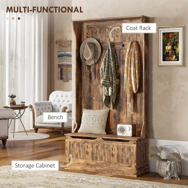 HOMCOM 38 3-In-1 Entryway Hall Tree with Storage Bench, Coat Rack with Four Hooks and Shoe Storage, Black