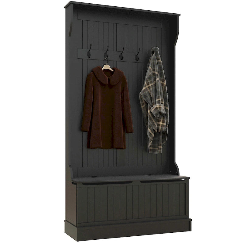 HOMCOM 38 3-In-1 Entryway Hall Tree with Storage Bench, Coat Rack with Four Hooks and Shoe Storage, Black