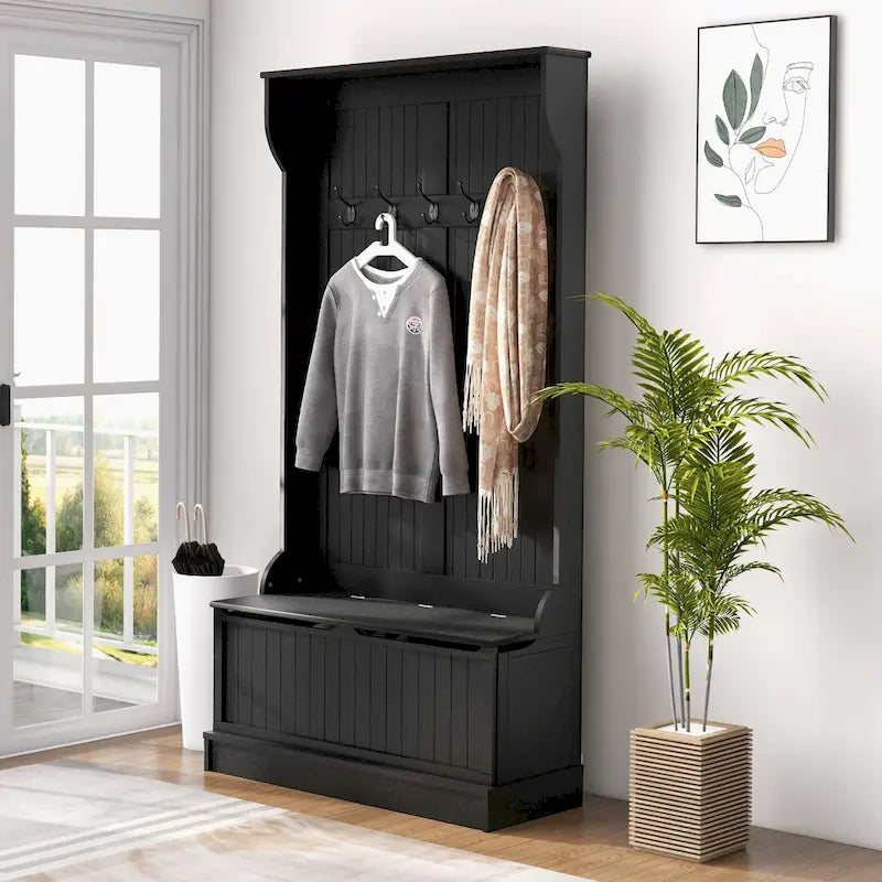 HOMCOM 38 3-In-1 Entryway Hall Tree with Storage Bench, Coat Rack with Four Hooks and Shoe Storage, Black