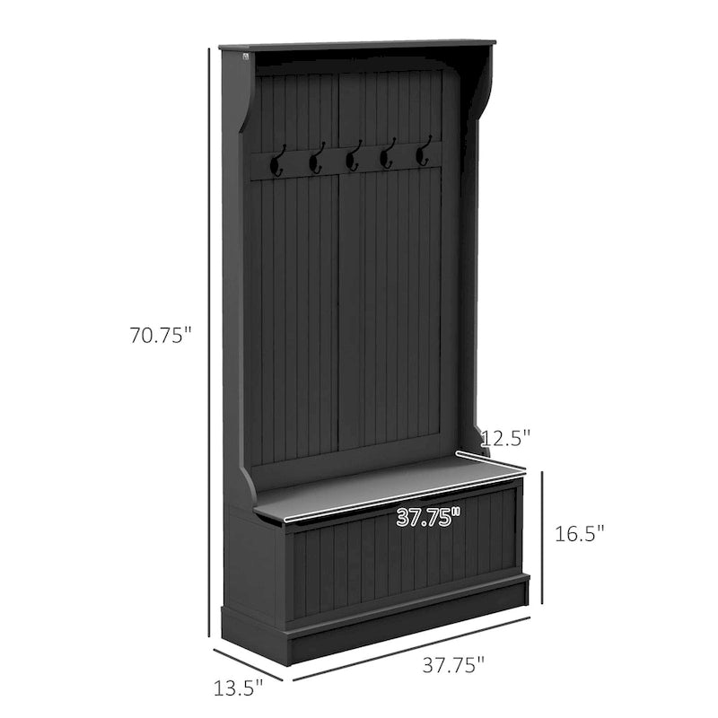 HOMCOM 38 3-In-1 Entryway Hall Tree with Storage Bench, Coat Rack with Four Hooks and Shoe Storage, Black