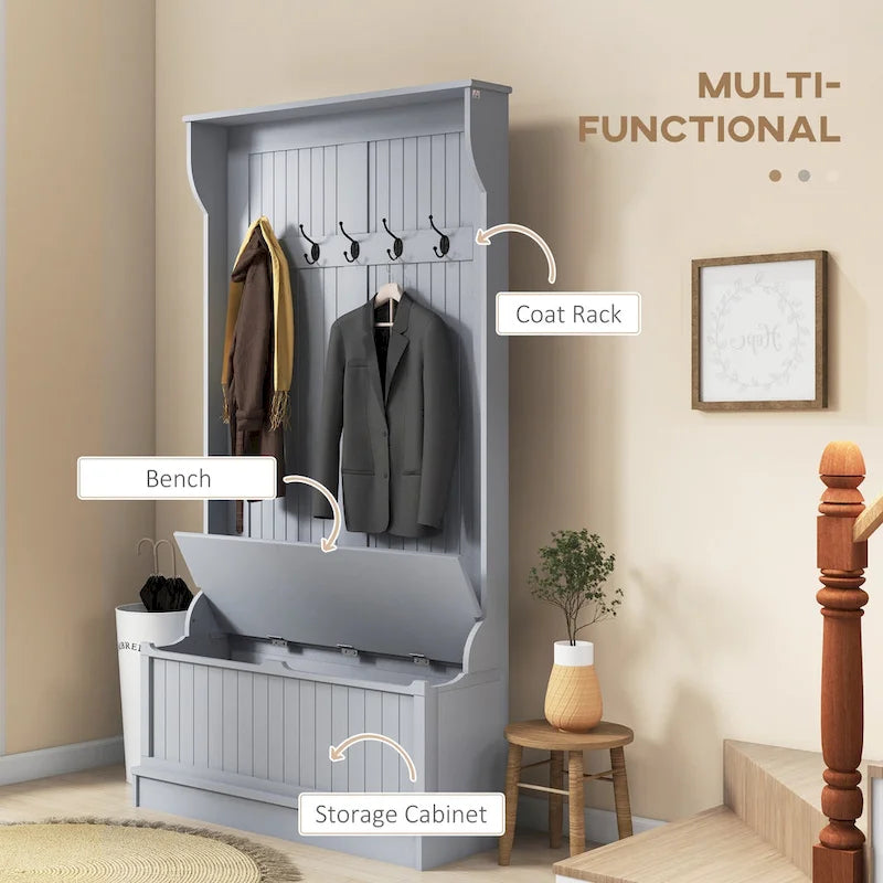 HOMCOM 38 3-In-1 Entryway Hall Tree with Storage Bench, Coat Rack with Four Hooks and Shoe Storage, Black