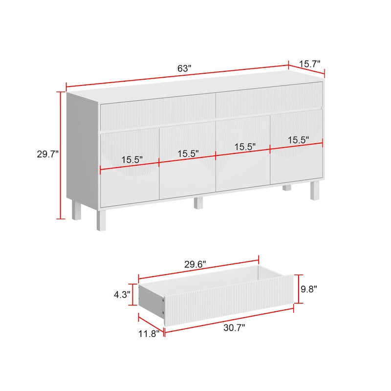 Mobiletto basso bianco con 4 ante e 2 cassetti - 63W x 29.7H