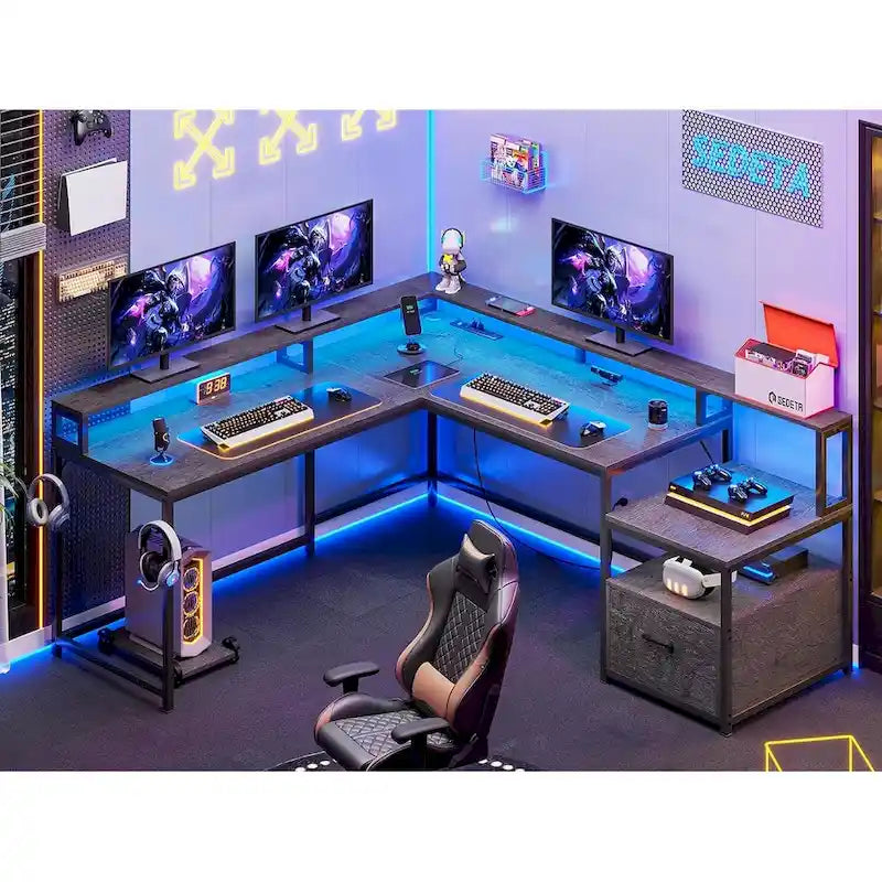 L Shape Gaming Computer Desk with File Drawer Printer Storage Shelves