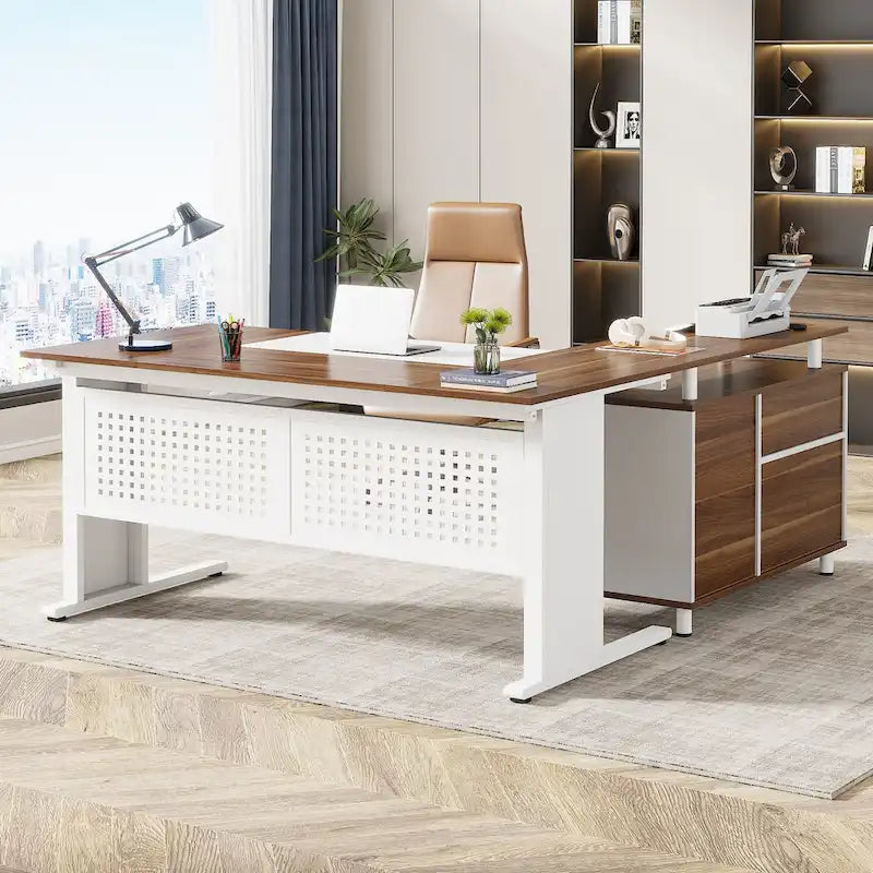 L Shaped Executive Desk, Large Computer Desk with File Cabinet