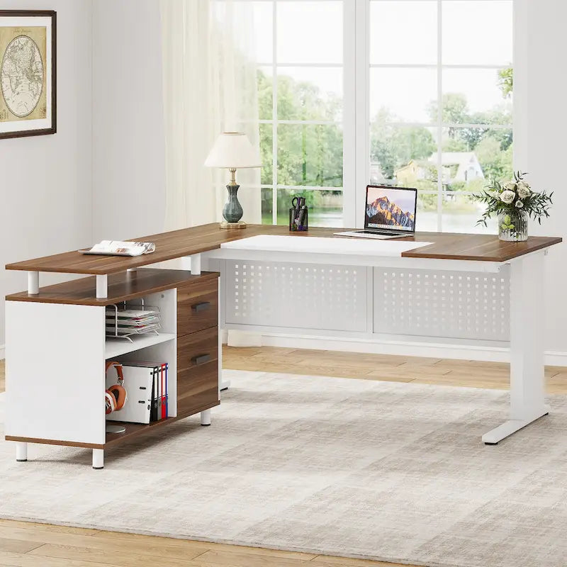 L Shaped Executive Desk, Large Computer Desk with File Cabinet