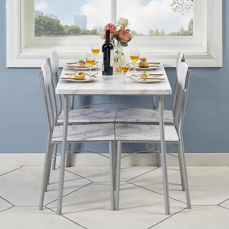 Set tavolo da pranzo VECELO, tavolo da cucina con 2/4 sedie, set da pranzo rettangolare in metallo e legno da 3/5 pezzi