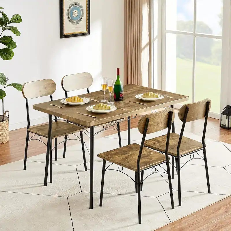 Set tavolo da pranzo VECELO, tavolo da cucina con 2/4 sedie, set da pranzo rettangolare in metallo e legno da 3/5 pezzi