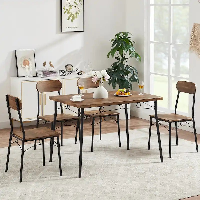 Set tavolo da pranzo VECELO, tavolo da cucina con 2/4 sedie, set da pranzo rettangolare in metallo e legno da 3/5 pezzi