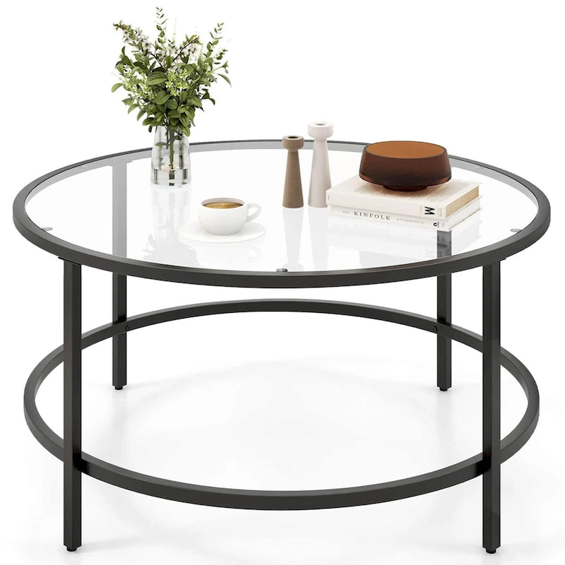 Costway 36 Round Coffee Table Tempered Glass Tabletop Metal Frame - See Details