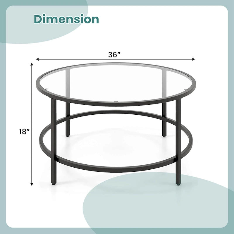 Costway 36 Round Coffee Table Tempered Glass Tabletop Metal Frame - See Details