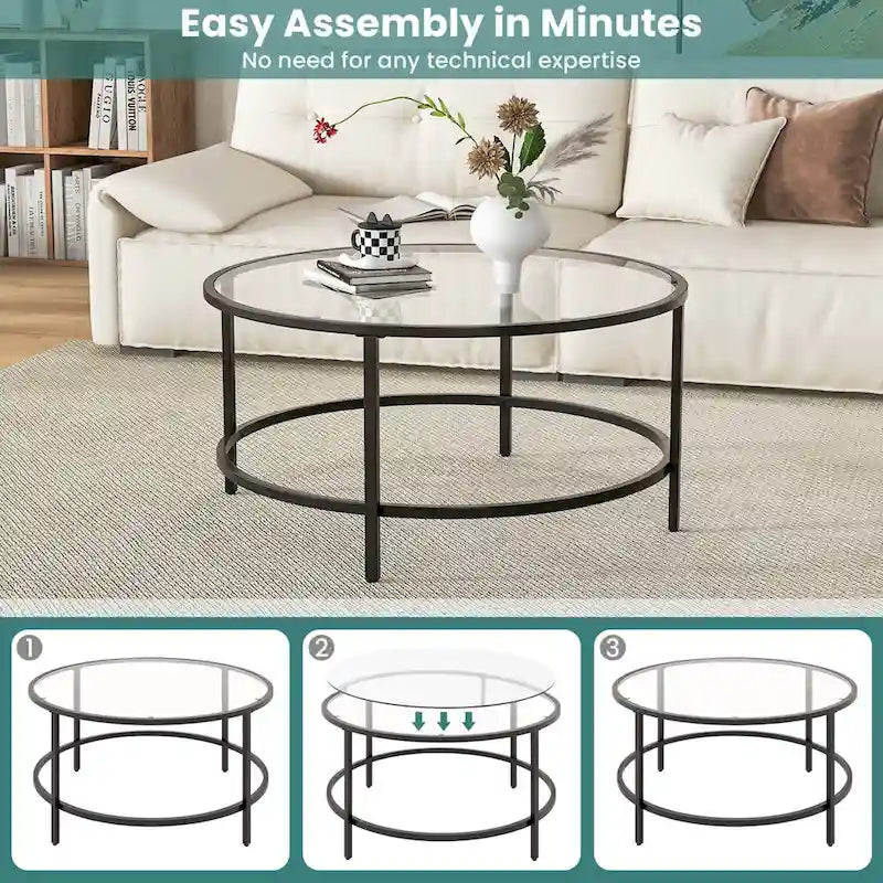 Costway 36 Round Coffee Table Tempered Glass Tabletop Metal Frame - See Details