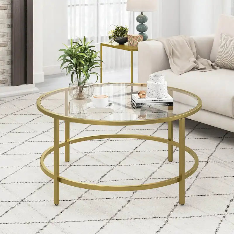 Costway 36 Round Coffee Table Tempered Glass Tabletop Metal Frame - See Details