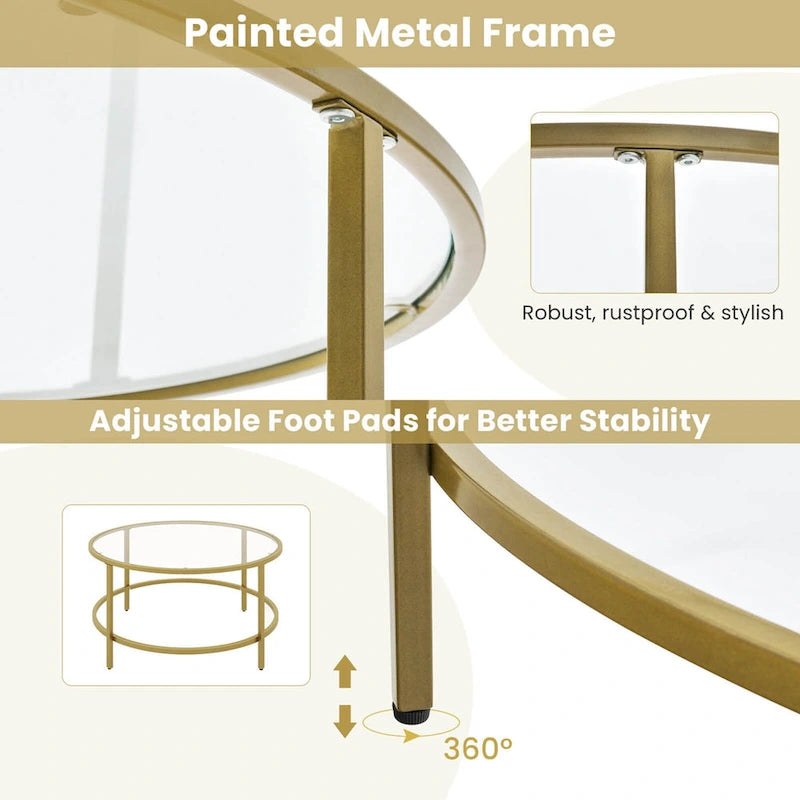 Costway 36 Round Coffee Table Tempered Glass Tabletop Metal Frame - See Details