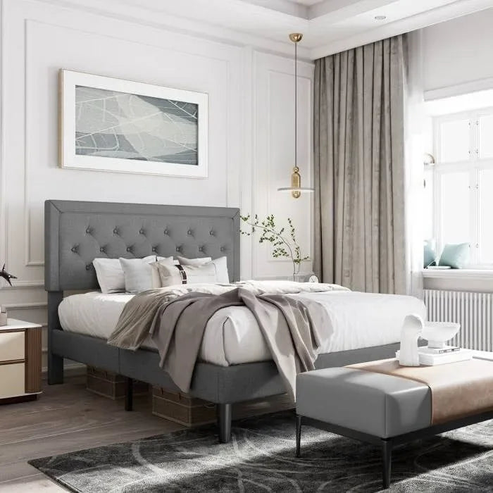 Linen Upholstered Adjustable Height Platform Bed with Button-Tufted Headboard