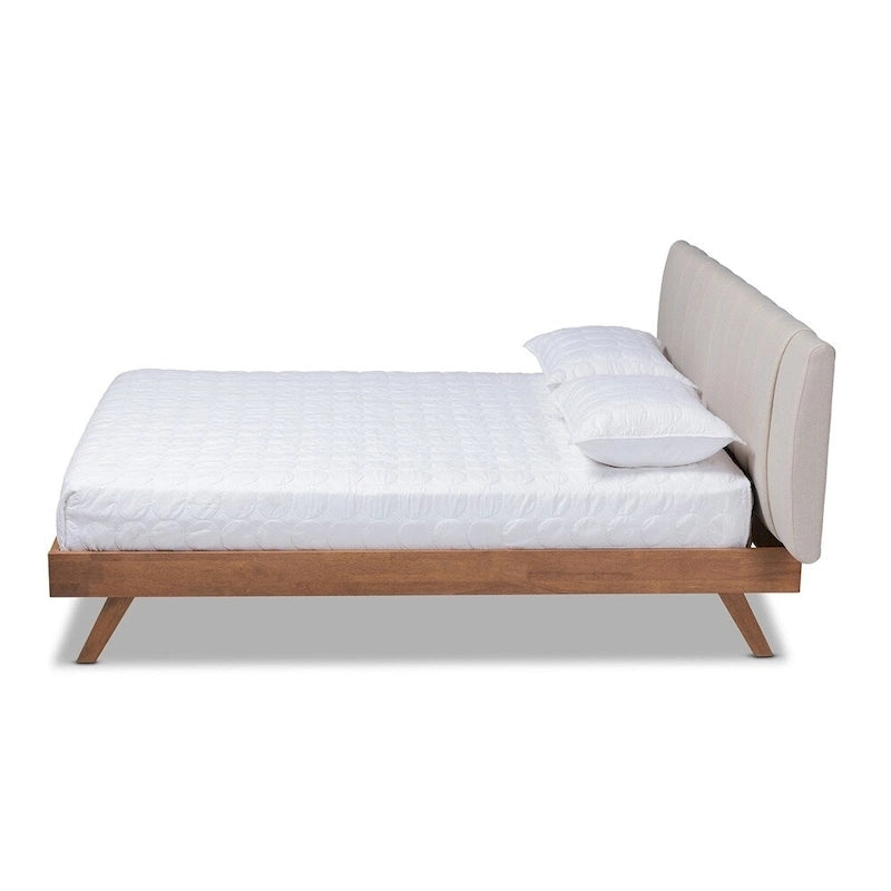 Brita Mid-Century Modern Light Beige Fabric Upholstered Walnut Finished Wood Bed