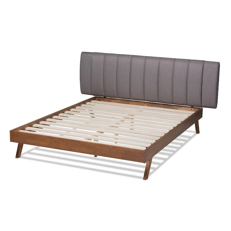 Brita Mid-Century Modern Light Beige Fabric Upholstered Walnut Finished Wood Bed