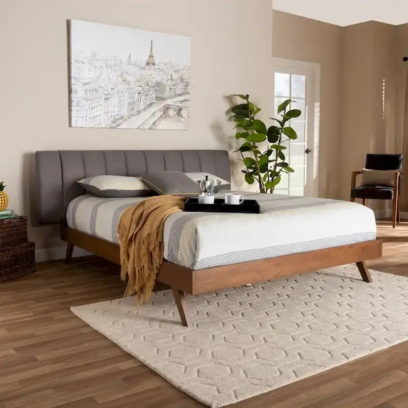 Brita Mid-Century Modern Light Beige Fabric Upholstered Walnut Finished Wood Bed