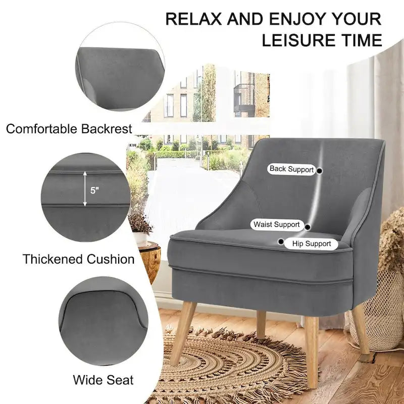 Poltrona imbottita in velluto con gambe in legno di gomma - 27 x 25 x 30 (L x P x A)