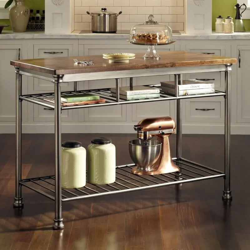 Classic French Style Hardwood Butcher Block Top Metal Kitchen Utility Table - 52W x 25D x 36H in.