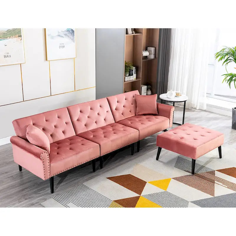 Divano-letto convertibile in velluto, divano componibile con pouf, divano-letto futon stile Mid-Century - 32P x 100,7L x 29,9A