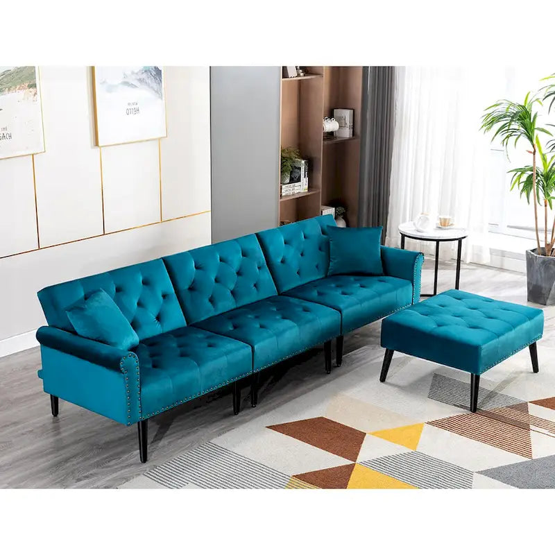 Divano-letto convertibile in velluto, divano componibile con pouf, divano-letto futon stile Mid-Century - 32P x 100,7L x 29,9A