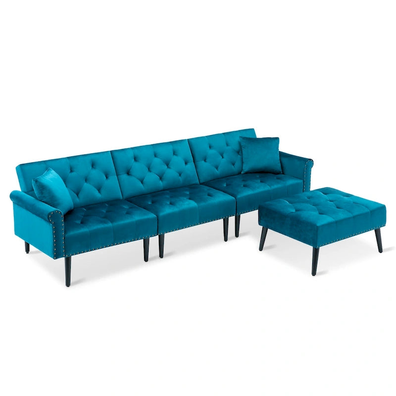 Divano-letto convertibile in velluto, divano componibile con pouf, divano-letto futon stile Mid-Century - 32P x 100,7L x 29,9A
