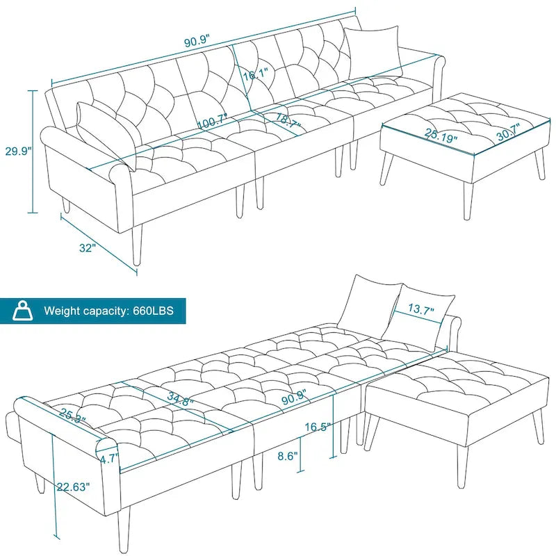 Divano-letto convertibile in velluto, divano componibile con pouf, divano-letto futon stile Mid-Century - 32P x 100,7L x 29,9A