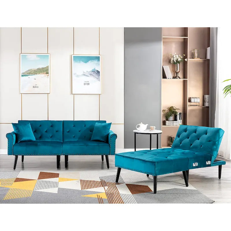 Divano-letto convertibile in velluto, divano componibile con pouf, divano-letto futon stile Mid-Century - 32P x 100,7L x 29,9A