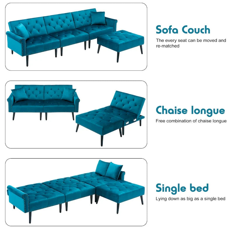 Divano-letto convertibile in velluto, divano componibile con pouf, divano-letto futon stile Mid-Century - 32P x 100,7L x 29,9A