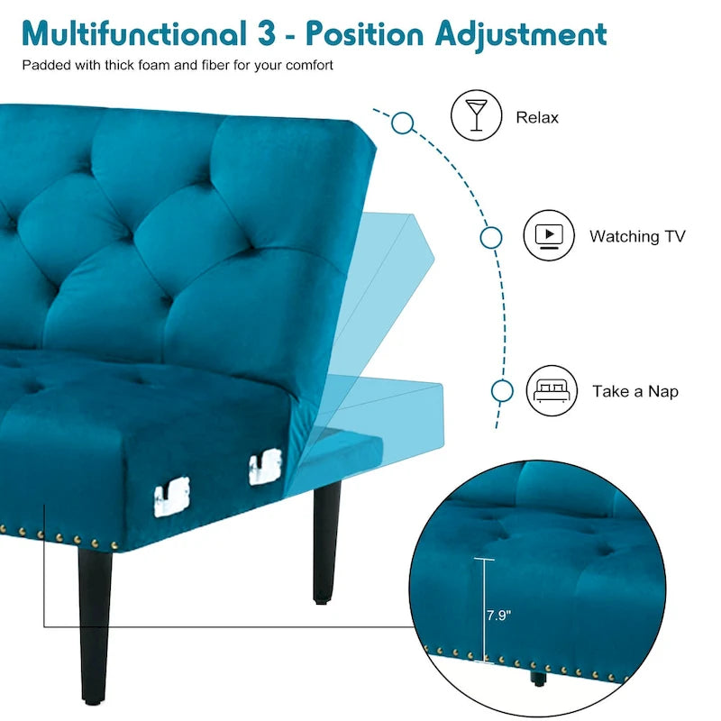 Divano-letto convertibile in velluto, divano componibile con pouf, divano-letto futon stile Mid-Century - 32P x 100,7L x 29,9A