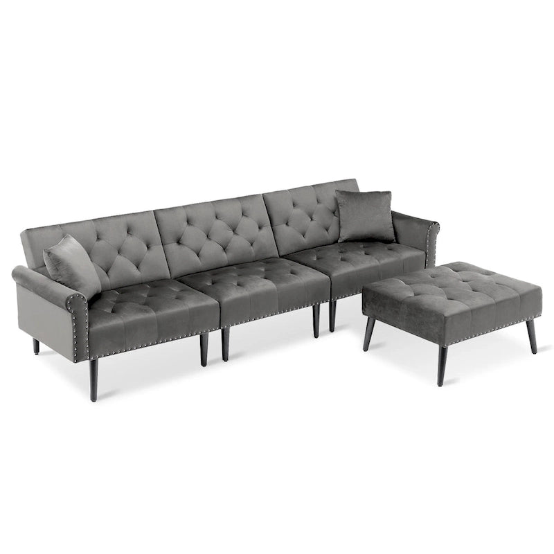 Divano-letto convertibile in velluto, divano componibile con pouf, divano-letto futon stile Mid-Century - 32P x 100,7L x 29,9A