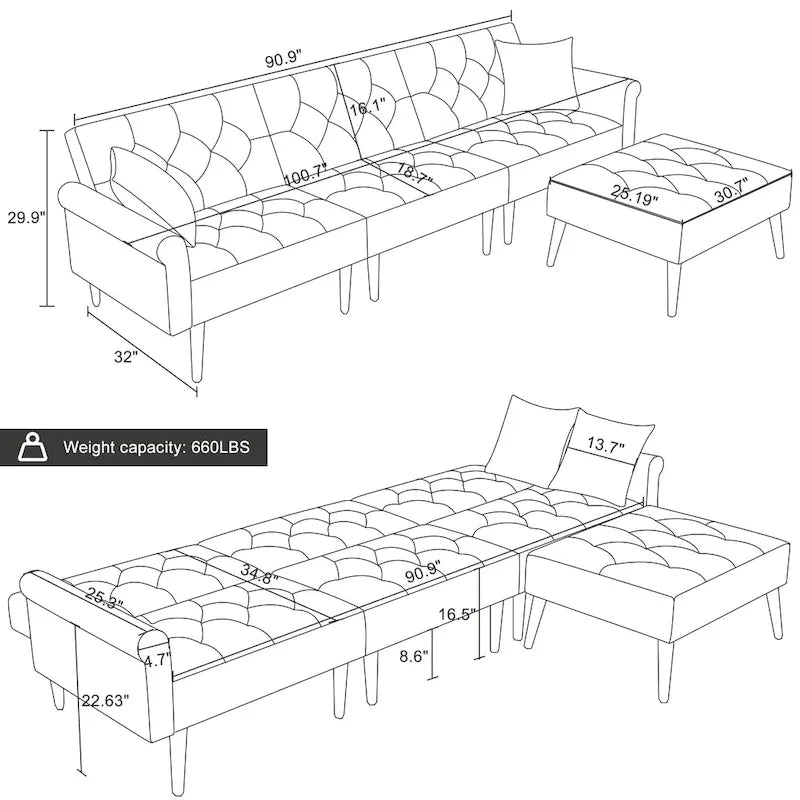 Divano-letto convertibile in velluto, divano componibile con pouf, divano-letto futon stile Mid-Century - 32P x 100,7L x 29,9A