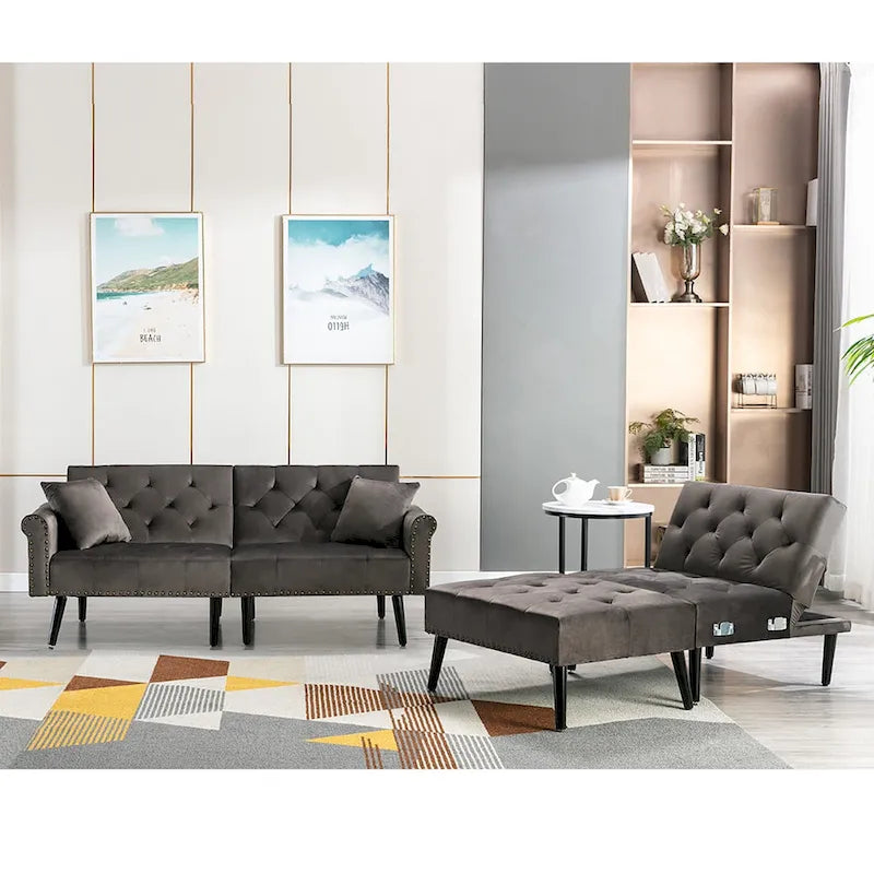 Divano-letto convertibile in velluto, divano componibile con pouf, divano-letto futon stile Mid-Century - 32P x 100,7L x 29,9A
