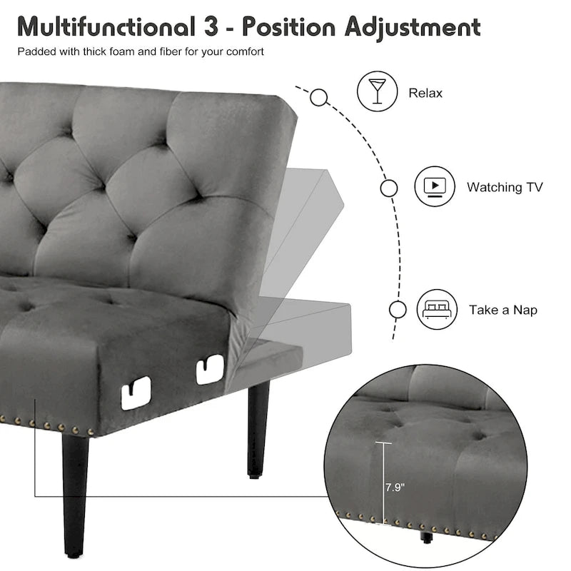 Divano-letto convertibile in velluto, divano componibile con pouf, divano-letto futon stile Mid-Century - 32P x 100,7L x 29,9A