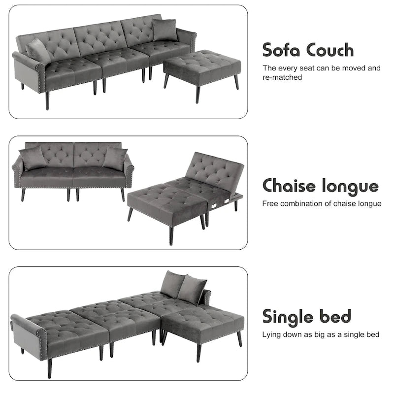 Divano-letto convertibile in velluto, divano componibile con pouf, divano-letto futon stile Mid-Century - 32P x 100,7L x 29,9A